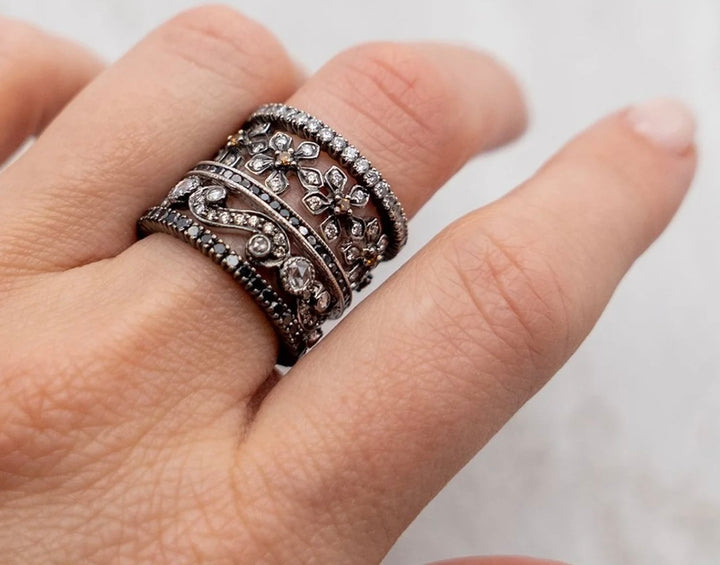 18K White Gold Rhodium Plated Enchanted Garden Ring with Colorless and Orange Diamonds.