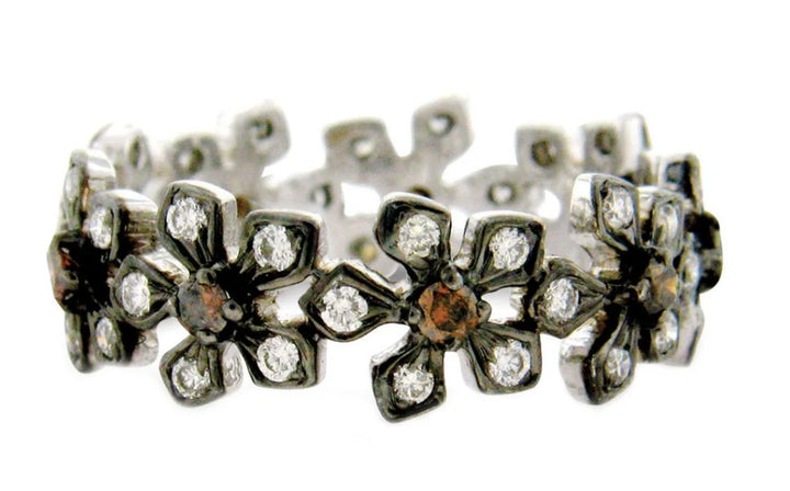 18K White Gold Rhodium Plated Enchanted Garden Ring with Colorless and Orange Diamonds.