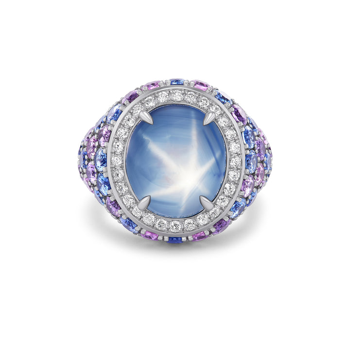 18K White Gold Celebration Ring with 17.22 ct Blue Star Sapphire with  Blue, Pink and Violet Sapphires and Diamonds