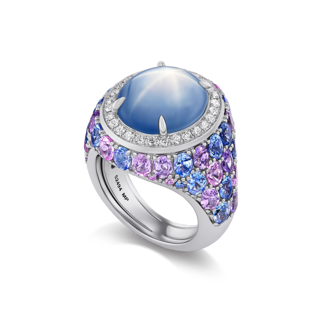 18K White Gold Celebration Ring with 17.22 ct Blue Star Sapphire with  Blue, Pink and Violet Sapphires and Diamonds