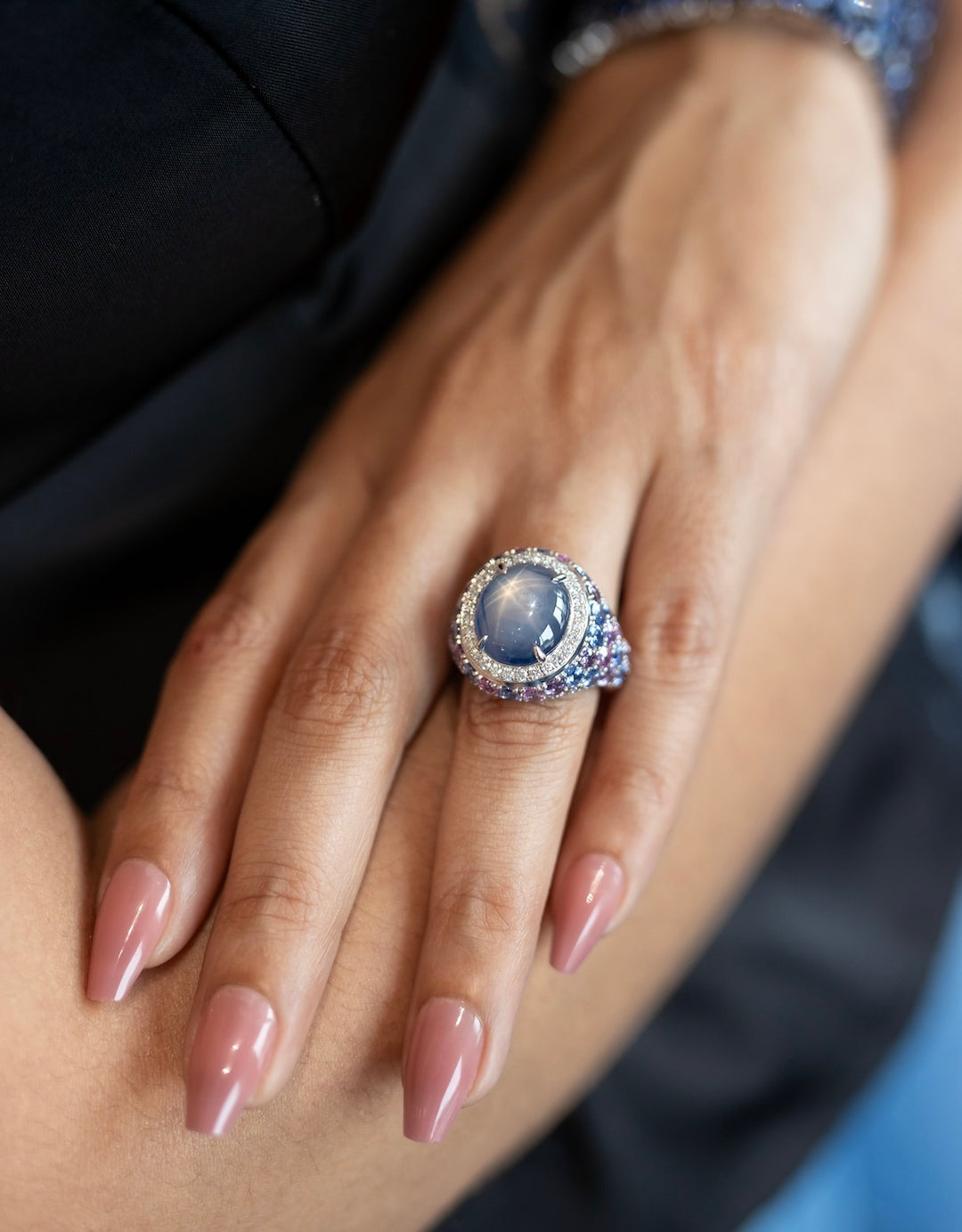 18K White Gold Celebration Ring with 17.22 ct Blue Star Sapphire with  Blue, Pink and Violet Sapphires and Diamonds