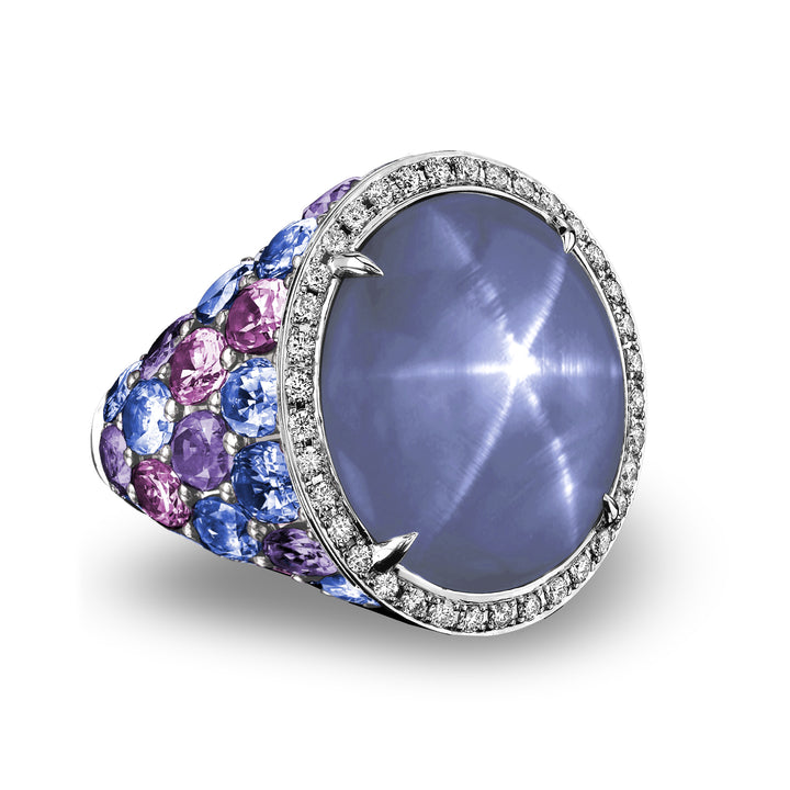 18K White Gold Celebration Ring with 17.22 ct Blue Star Sapphire with  Blue, Pink and Violet Sapphires and Diamonds