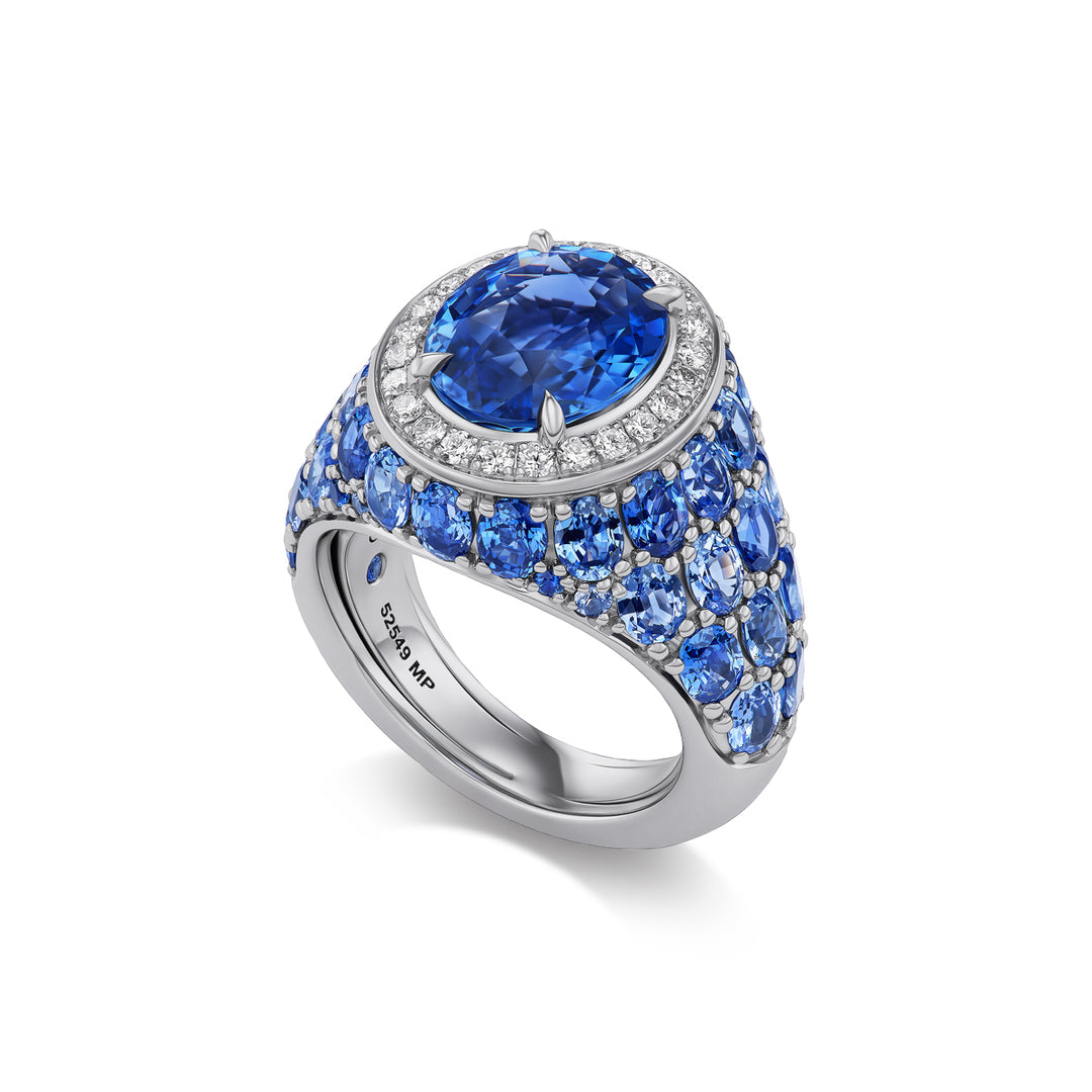 18K White Gold Celebration Ring with 5.63 ct Oval Blue Sapphire Center, Diamond Halo and Blue Sapphires and Diamonds on the Side