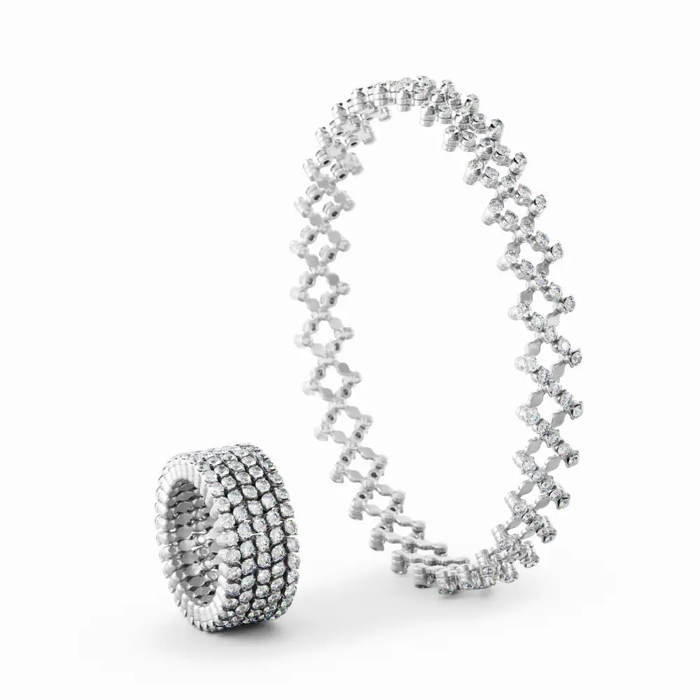18K White Gold Expandable Ring Bracelet  with 5 Rows of White Round Brilliant Diamonds