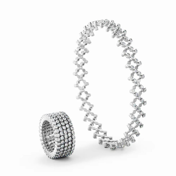 18K White Gold Expandable Ring Bracelet  with 5 Rows of White Round Brilliant Diamonds