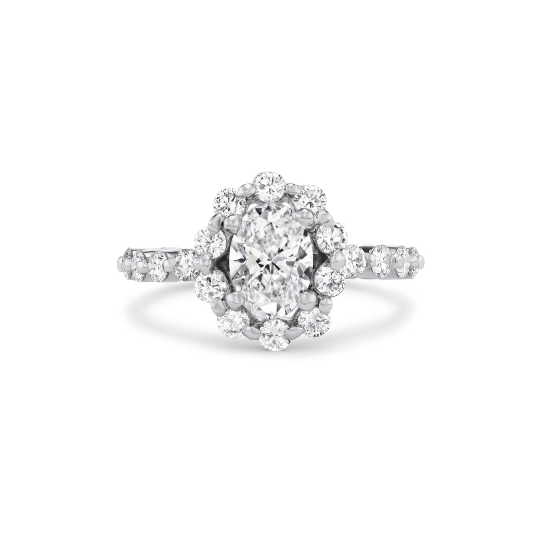 18K White Gold , Oval LG Diamond center stone ring  with Round Brilliant Cut Diamond Setting and Oval Halo.  Size 6.25