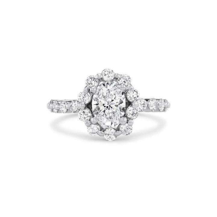 18K White Gold , Oval LG Diamond center stone ring  with Round Brilliant Cut Diamond Setting and Oval Halo.  Size 6.25