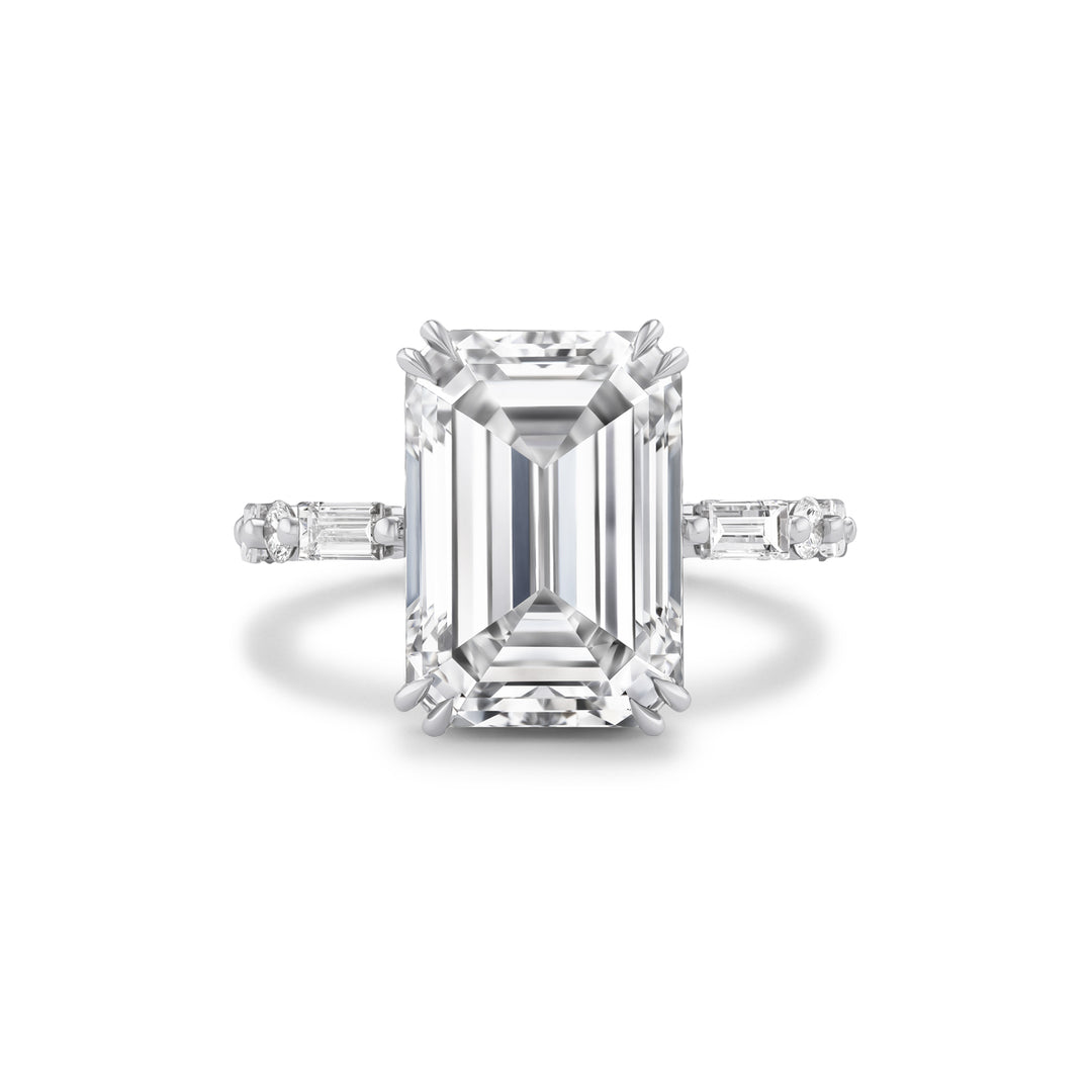 18K White Gold Montage Engagement Ring with 8.03ct LG Emerald Cut Diamond, Baguette & Round Brilliant Cut Diamonds