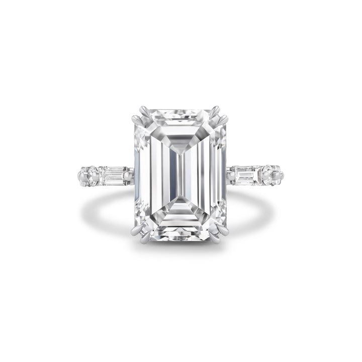 18K White Gold Montage Engagement Ring with 8.03ct LG Emerald Cut Diamond, Baguette & Round Brilliant Cut Diamonds