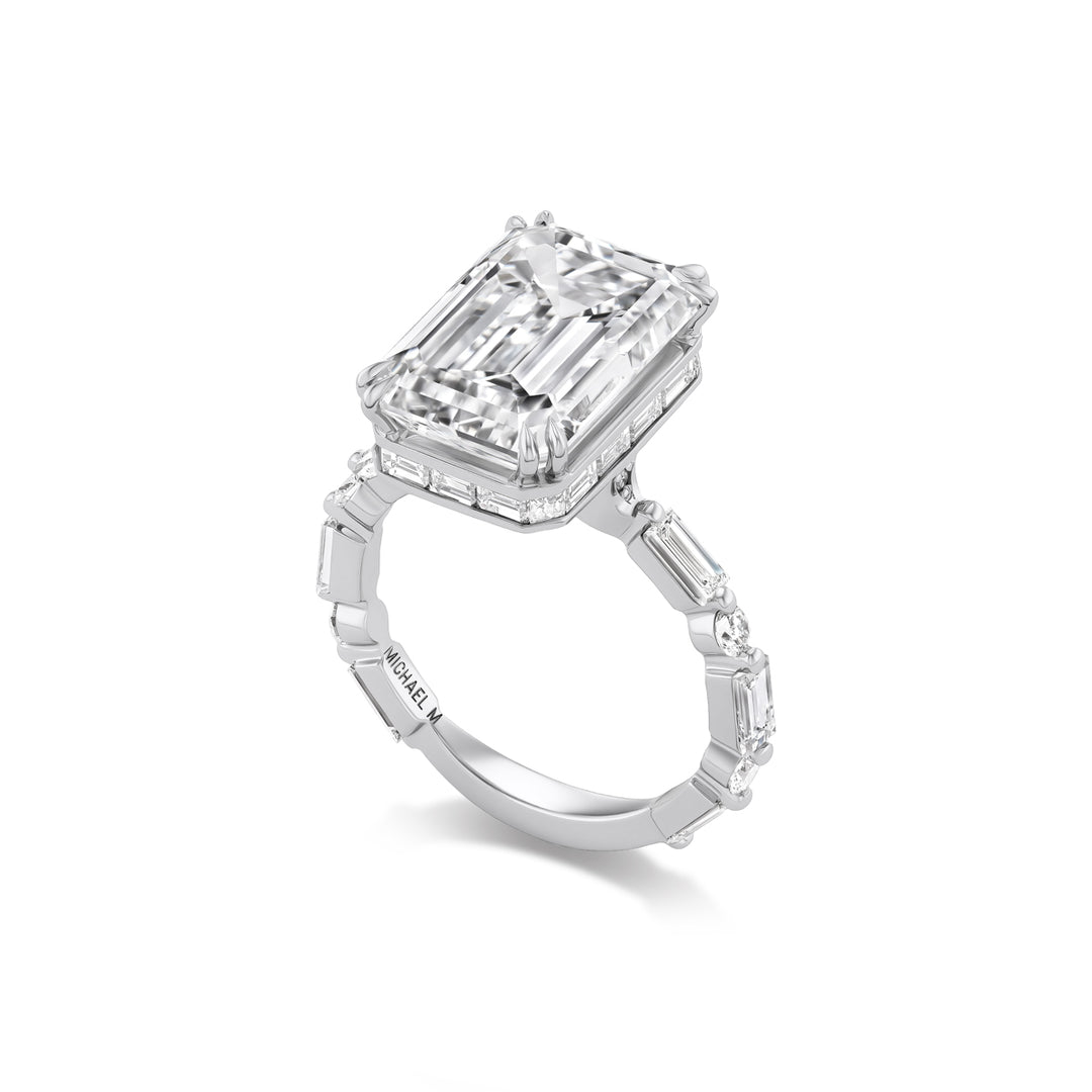 18K White Gold Montage Engagement Ring with 8.03ct LG Emerald Cut Diamond, Baguette & Round Brilliant Cut Diamonds