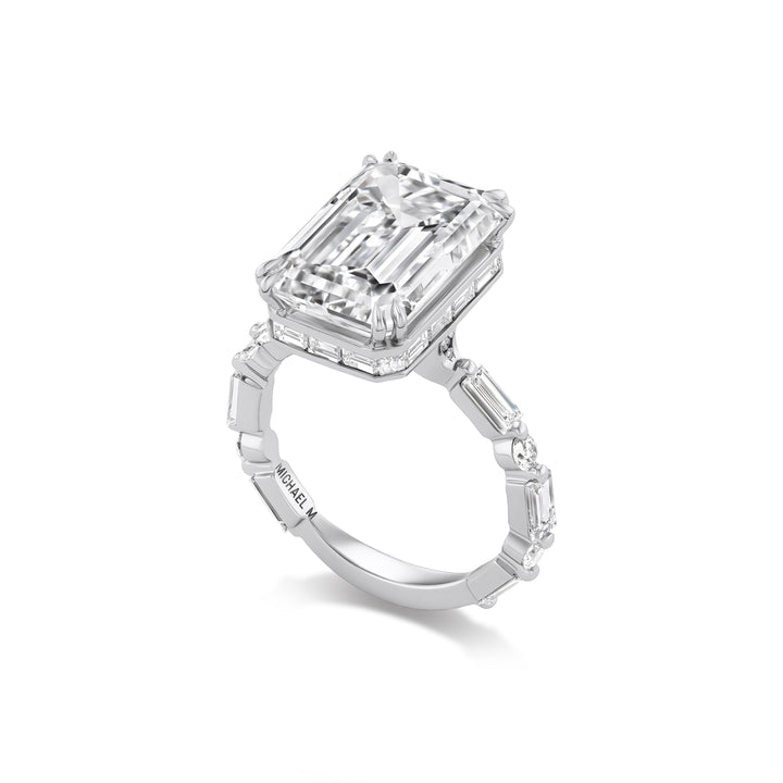 18K White Gold Montage Engagement Ring with 8.03ct LG Emerald Cut Diamond, Baguette & Round Brilliant Cut Diamonds