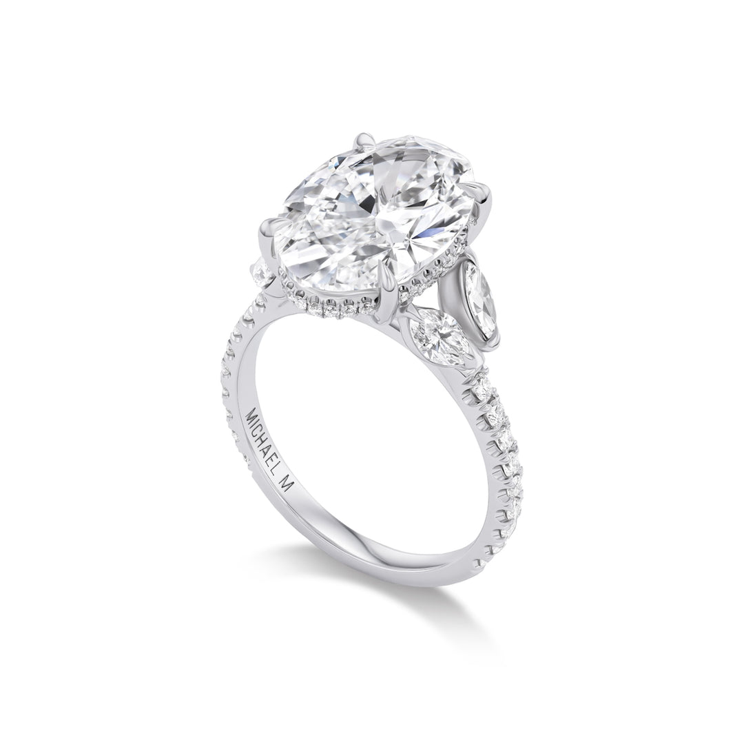 18K White Gold Icon Bridal Ring with 5.0 carat LG Oval Shaped Diamond and  Round & Marquise Natural Diamonds on the Band and Hidden Halo.