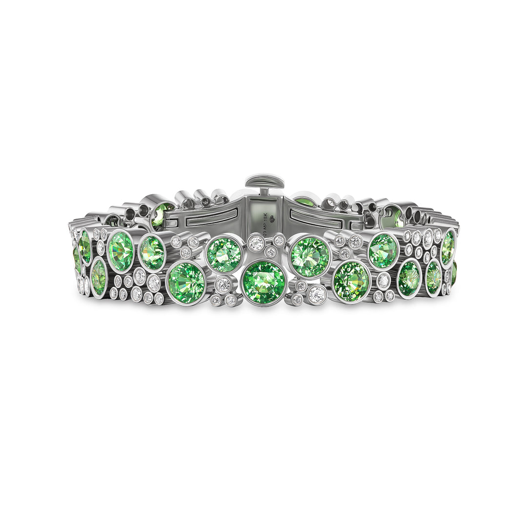 18K White Gold Grand De La Vie Bracelet with Round Tsavorite Garnets and Round Brilliant Cut Diamonds