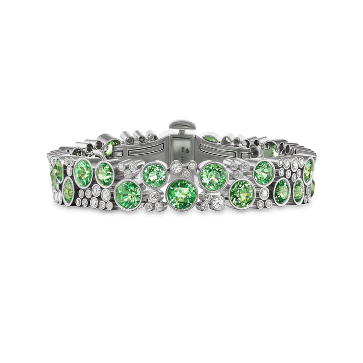 18K White Gold Grand De La Vie Bracelet with Round Tsavorite Garnets and Round Brilliant Cut Diamonds