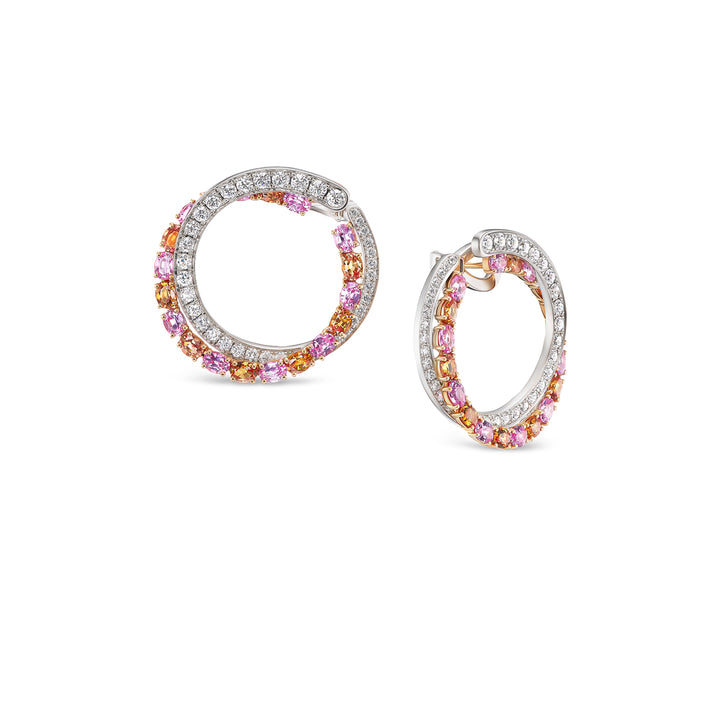 18K White and Rose Gold American Glamour Eternal Hoop Earrings with Pink & Orange Sapphires and  Diamonds
