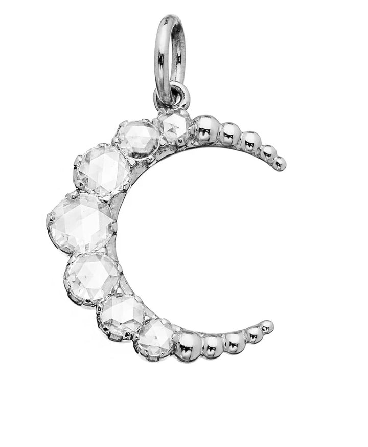 18K White Gold Large Crescent Pendant with White Rose Cut Diamonds