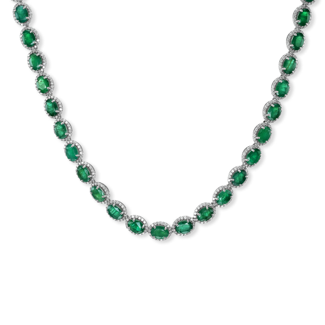 18K White Gold, Emerald & Diamond Necklace