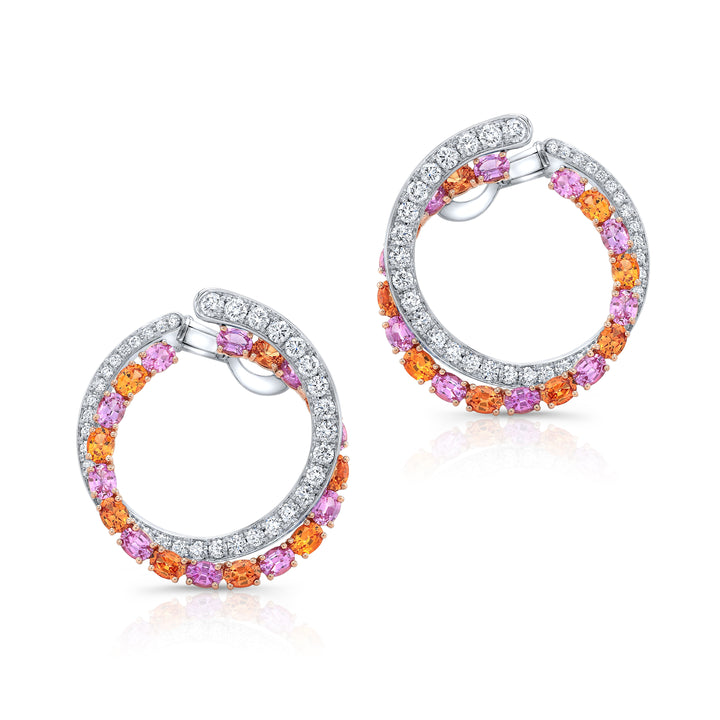 18K White and Rose Gold American Glamour Eternal Hoop Earrings with Pink & Orange Sapphires and  Diamonds