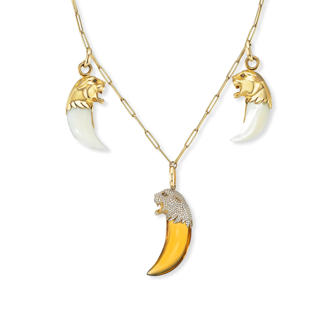 One of a Kind!  18K Yellow Gold,  Mother of Pearl and Citrine Jaguar Station Necklace