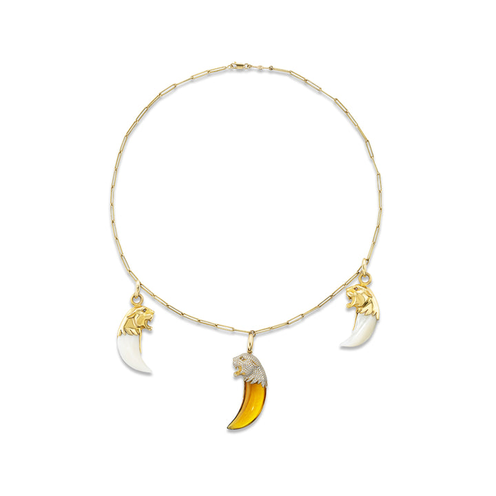 One of a Kind!  18K Yellow Gold,  Mother of Pearl and Citrine Jaguar Station Necklace