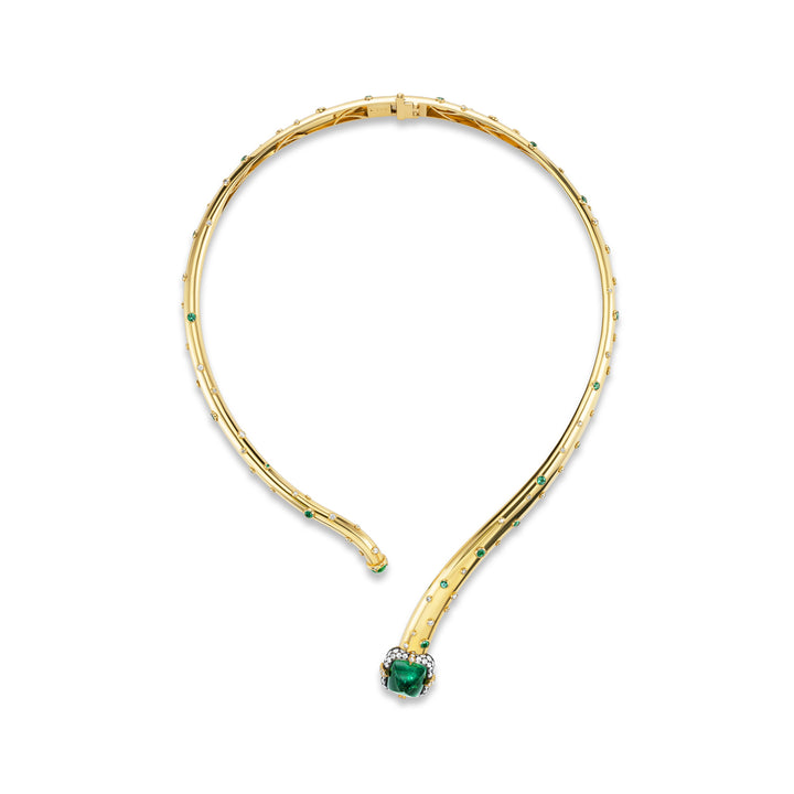18K Yellow Gold Open Choker with Sugarloaf Emerald,  Cabochon Emerald,  Round Emeralds & Diamonds