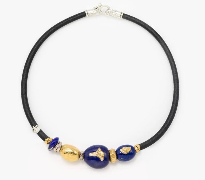 18K Yellow Gold, Leather,  Lapis &  Diamond Necklace