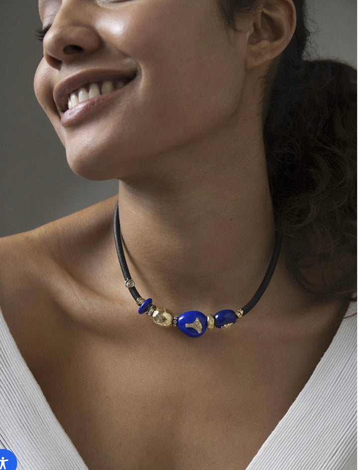 18K Yellow Gold, Leather,  Lapis &  Diamond Necklace