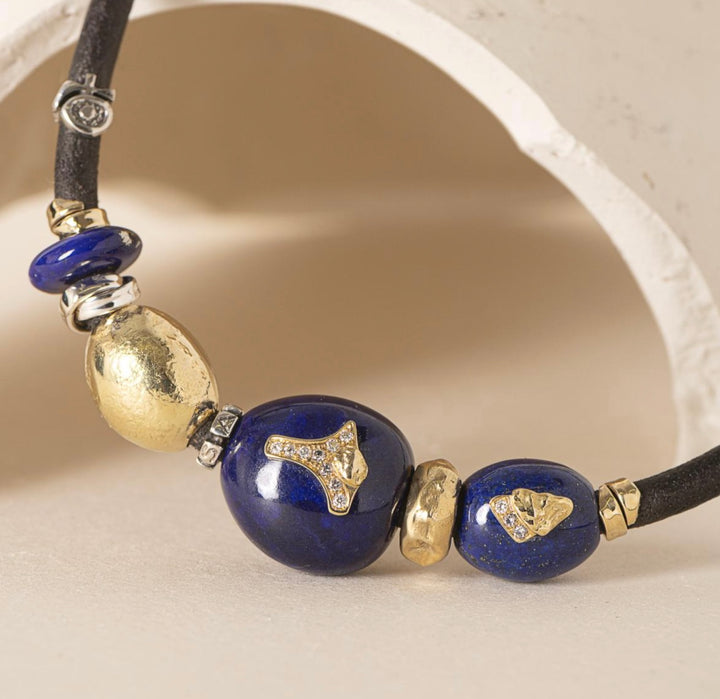 18K Yellow Gold, Leather,  Lapis &  Diamond Necklace