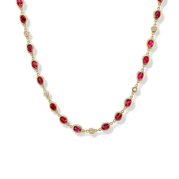 18K Yellow Gold,  Ruby and  Diamond 18" Necklace with Diamond Heart Clasp 18"
