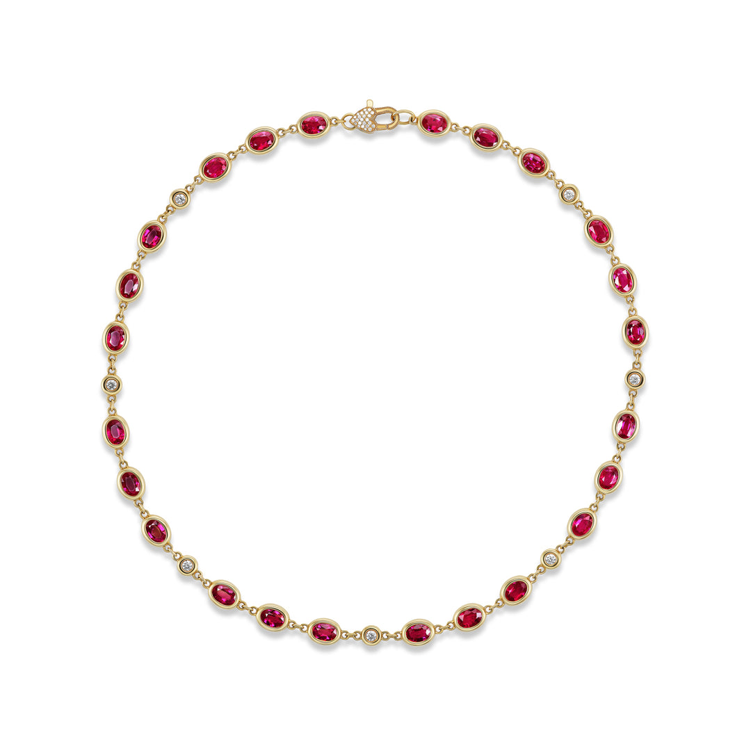18K Yellow Gold,  Ruby and  Diamond 18" Necklace with Diamond Heart Clasp 18"