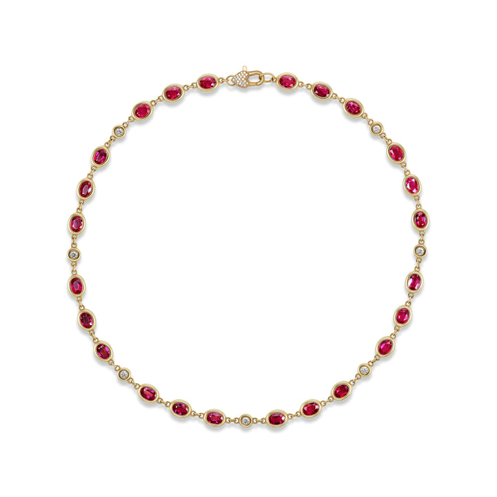 18K Yellow Gold,  Ruby and  Diamond 18" Necklace with Diamond Heart Clasp 18"