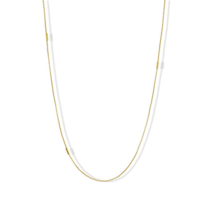 37.5" Necklace of 18K Yellow Gold with 3 gold stations & 1 Round Brilliant Cut Diamond.