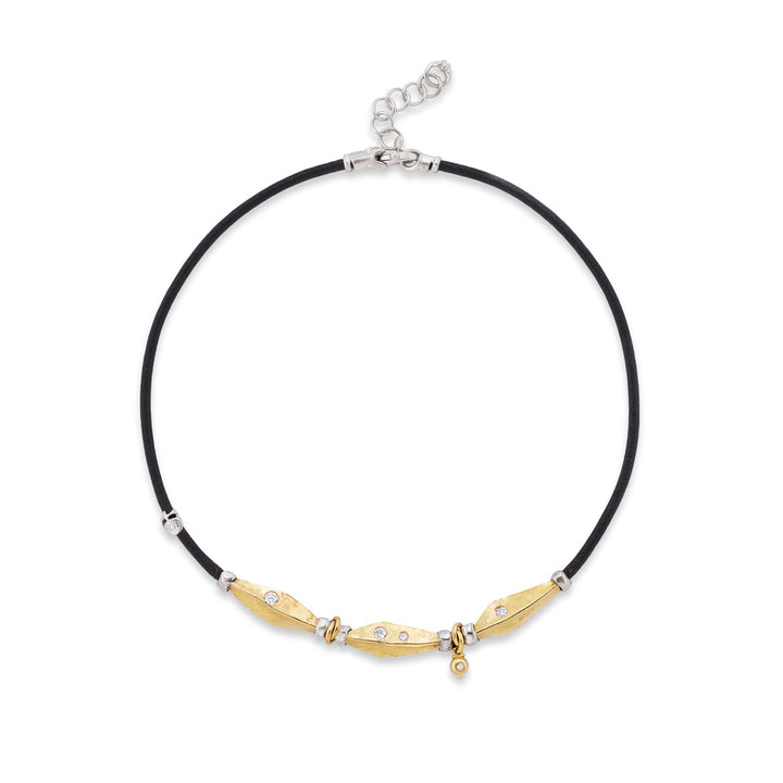 18K Yellow Gold and Sterling Silver Leather Necklace with Hammered Gold Diamond Stations
