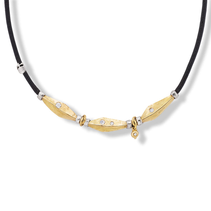 18K Yellow Gold and Sterling Silver Leather Necklace with Hammered Gold Diamond Stations