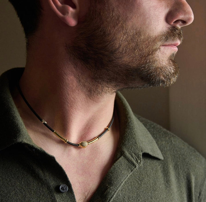 18K Yellow Gold and Sterling Silver Toyama Bay Leather Necklace with Pave Set Diamond Bead
