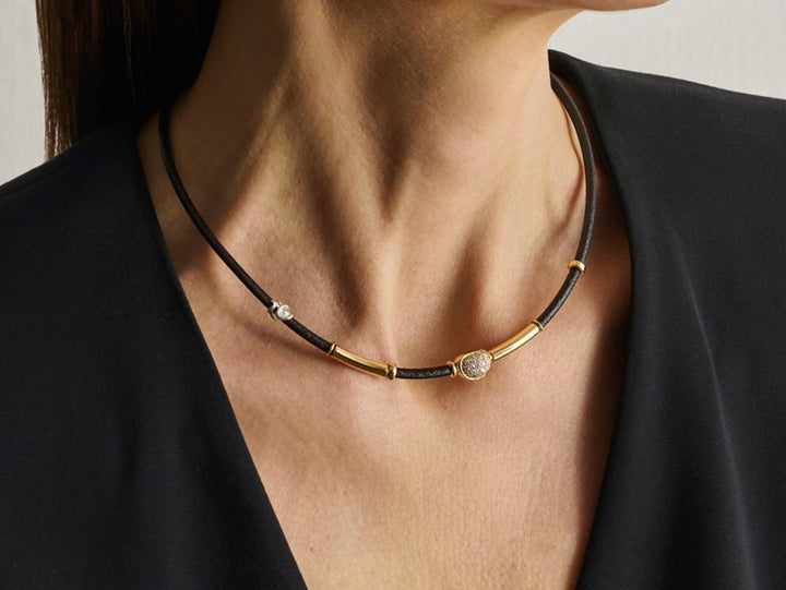 18K Yellow Gold and Sterling Silver Toyama Bay Leather Necklace with Pave Set Diamond Bead