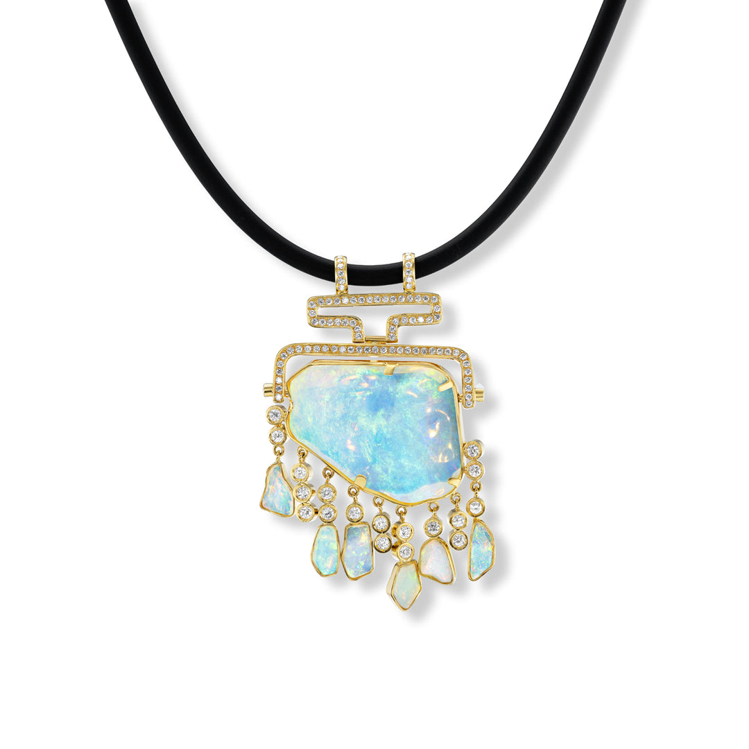 18K Yellow Gold, White Opal and Diamond Pendant