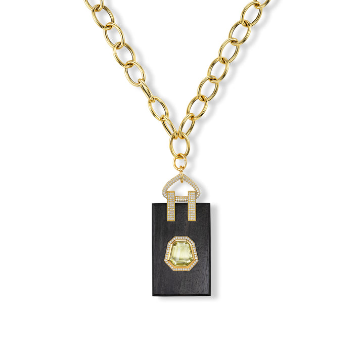 18K Yellow Gold,  Carved Ebony, Yellow Citrine & Diamond Pendant