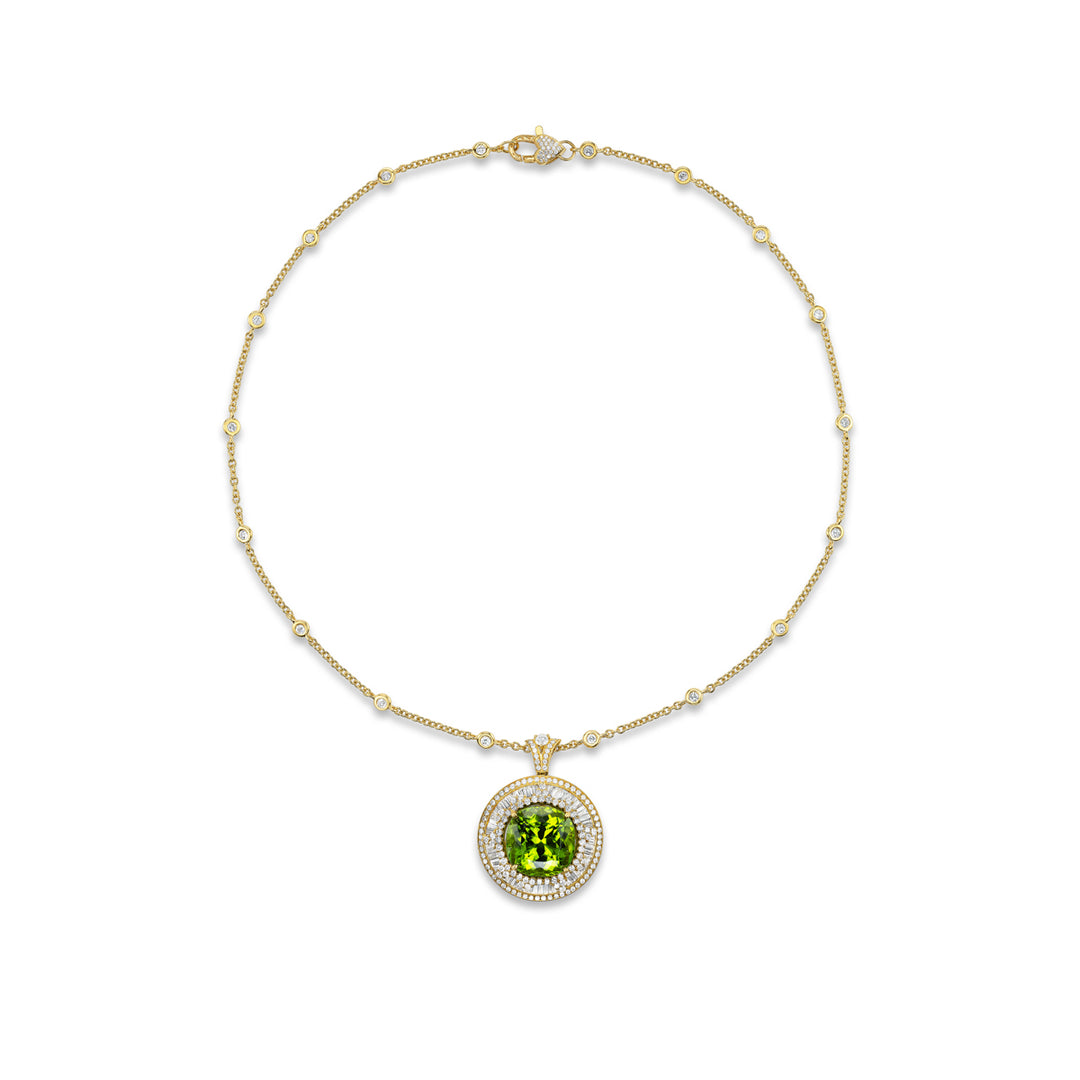 18K Yellow Gold Pendant with  Pakistani Peridot,  Baguette and Round Diamonds