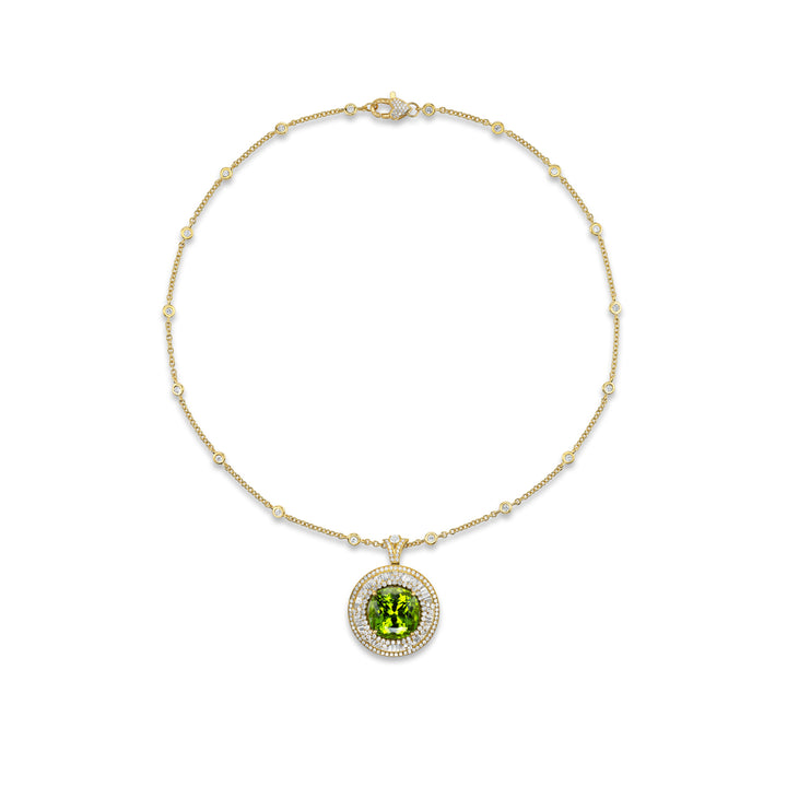 18K Yellow Gold Pendant with  Pakistani Peridot,  Baguette and Round Diamonds