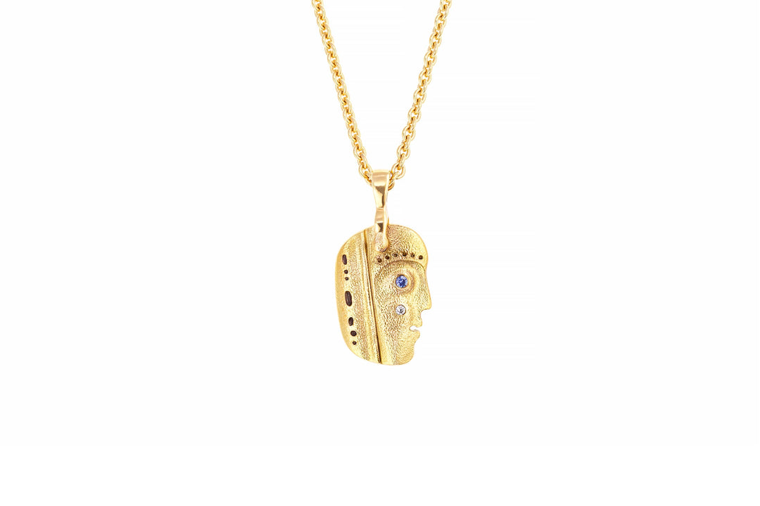 18K Yellow Gold "Till We Have Faces" Pendant Necklace with Round Brilliant Cut Diamond & Sapphire