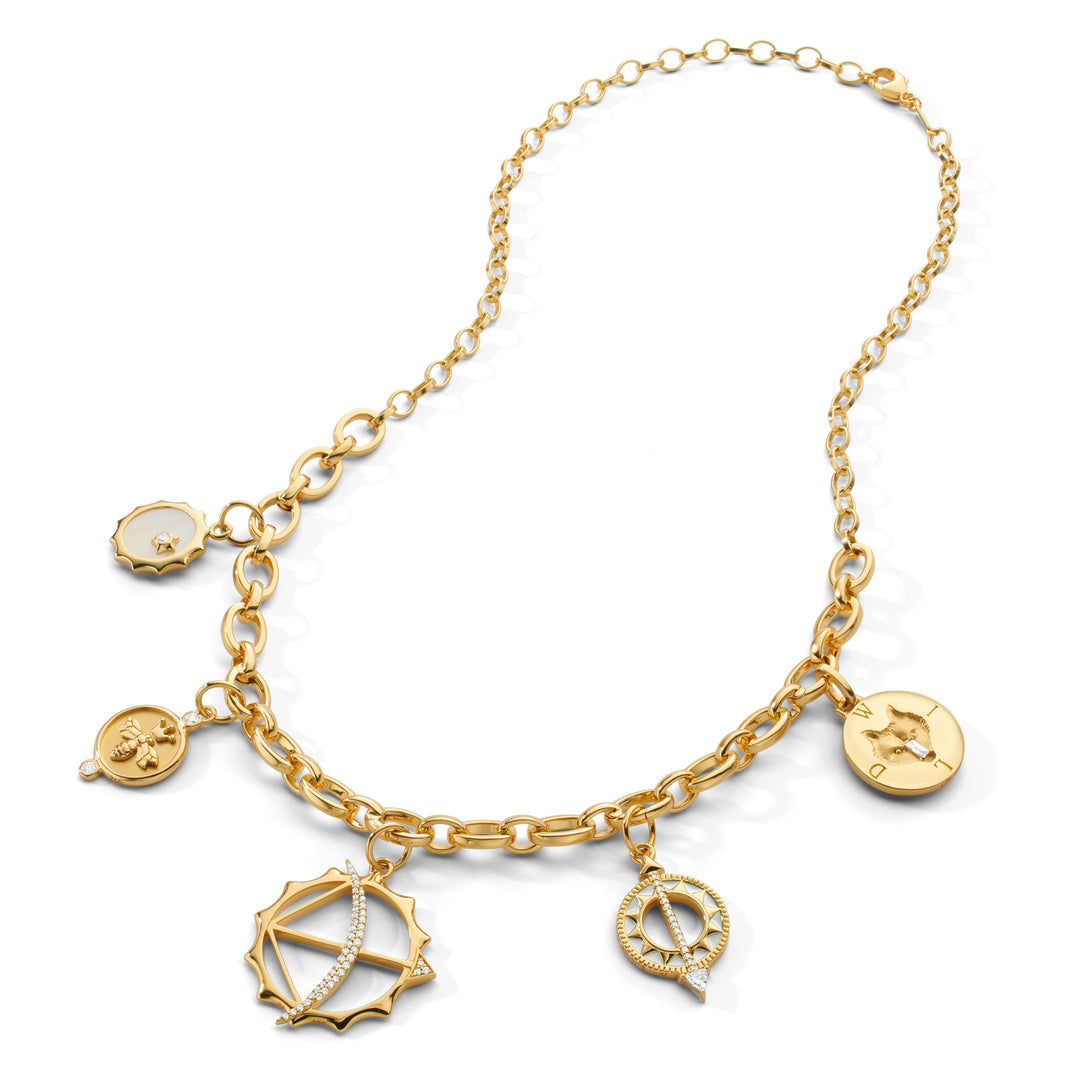 18K Yellow Gold "Audrey" Necklace with 5 Charm Stations on a Large 18" Belcher Chain