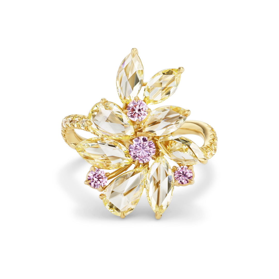 18K Yellow Gold, Rose Cut Fancy Yellow, Pink & Yellow Diamond Ring
