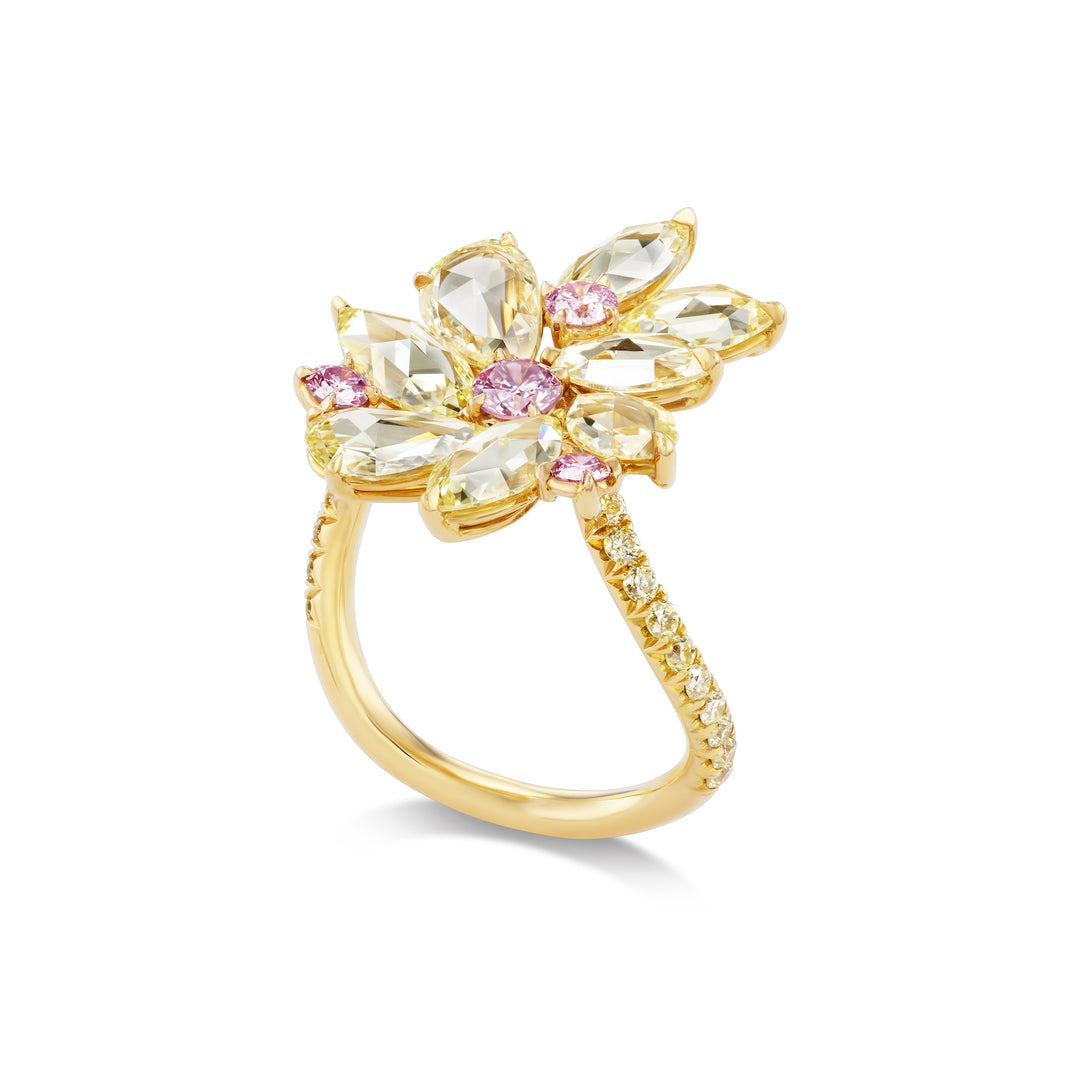 18K Yellow Gold, Rose Cut Fancy Yellow, Pink & Yellow Diamond Ring