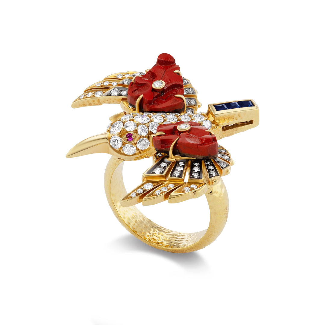 18K Yellow Gold Bird in Flight Ring with Cinnabar Lacquer