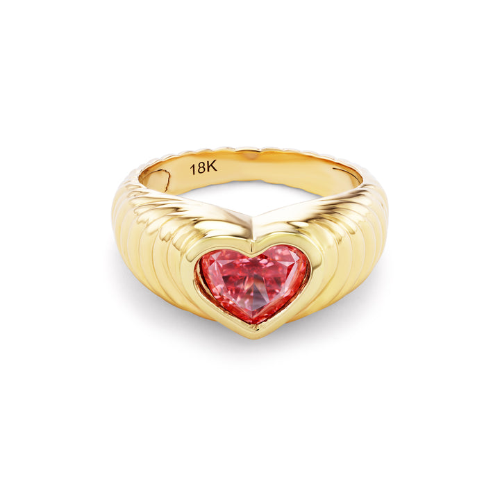 18K Yellow Gold Pinkie Ring with Lab Grown Pink Heart Shape Diamond