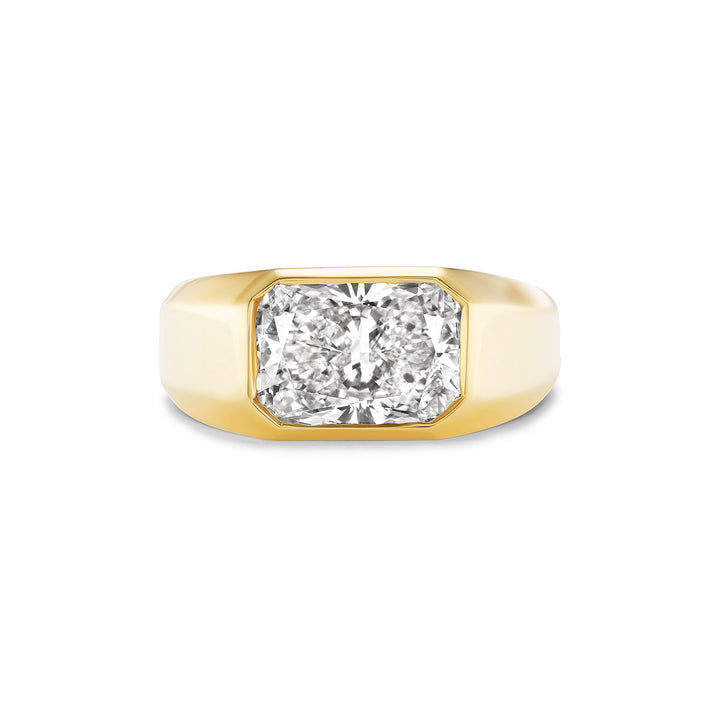 18K Yellow Gold Paneled Windsor Ring with 4.03 ct Lab Grown Elongated Cushion Diamond