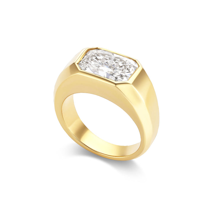 18K Yellow Gold Paneled Windsor Ring with 4.03 ct Lab Grown Elongated Cushion Diamond