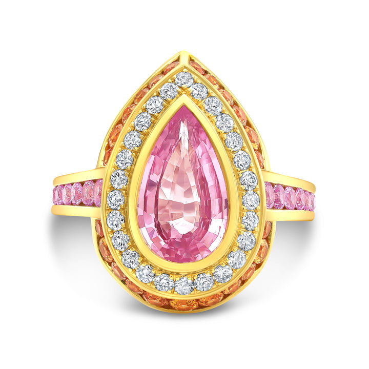 18K Yellow Gold Jubilee Ring with 2.54ct Pear Shape Padparadscha Center, Orange and Pink Sapphires and  Diamonds