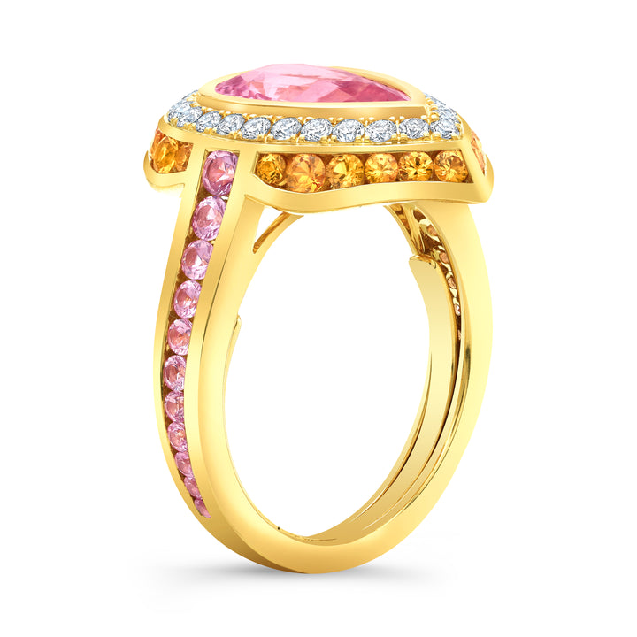 18K Yellow Gold Jubilee Ring with 2.54ct Pear Shape Padparadscha Center, Orange and Pink Sapphires and  Diamonds